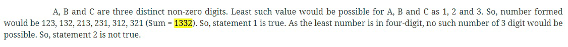 Let A, B and C represent distinct non-zero digits. Suppose x is the sum of all possible 3-digit  numbers formed by A, B and C without repetition. Consider the following statements: 1. The 4-digit least value of x is 1332. 2. The 3-digit greatest value of x is 888 Which of the above statements is/are correct? (a) 1 only (b) 2 only (c) Both 1 and 2 (d) Neither 1 nor 2 