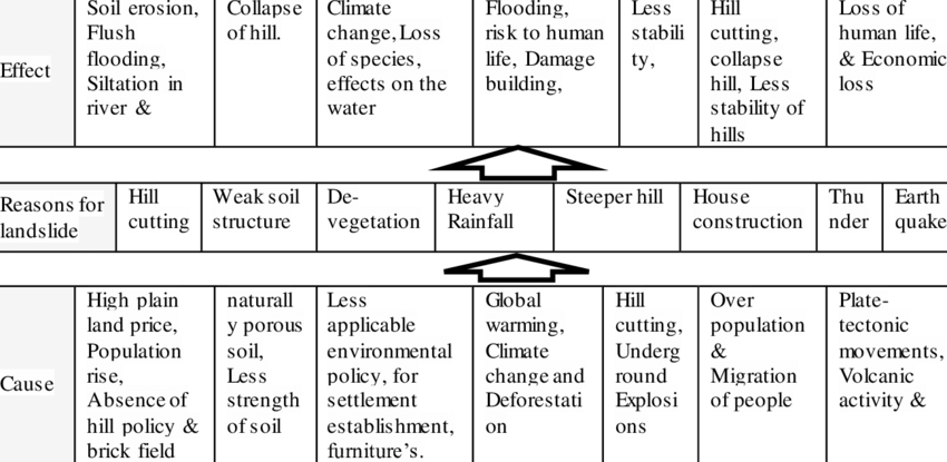 Describe the various causes and the effects of landslides. Mention the important components of the National Landslide Risk Management Strategy.