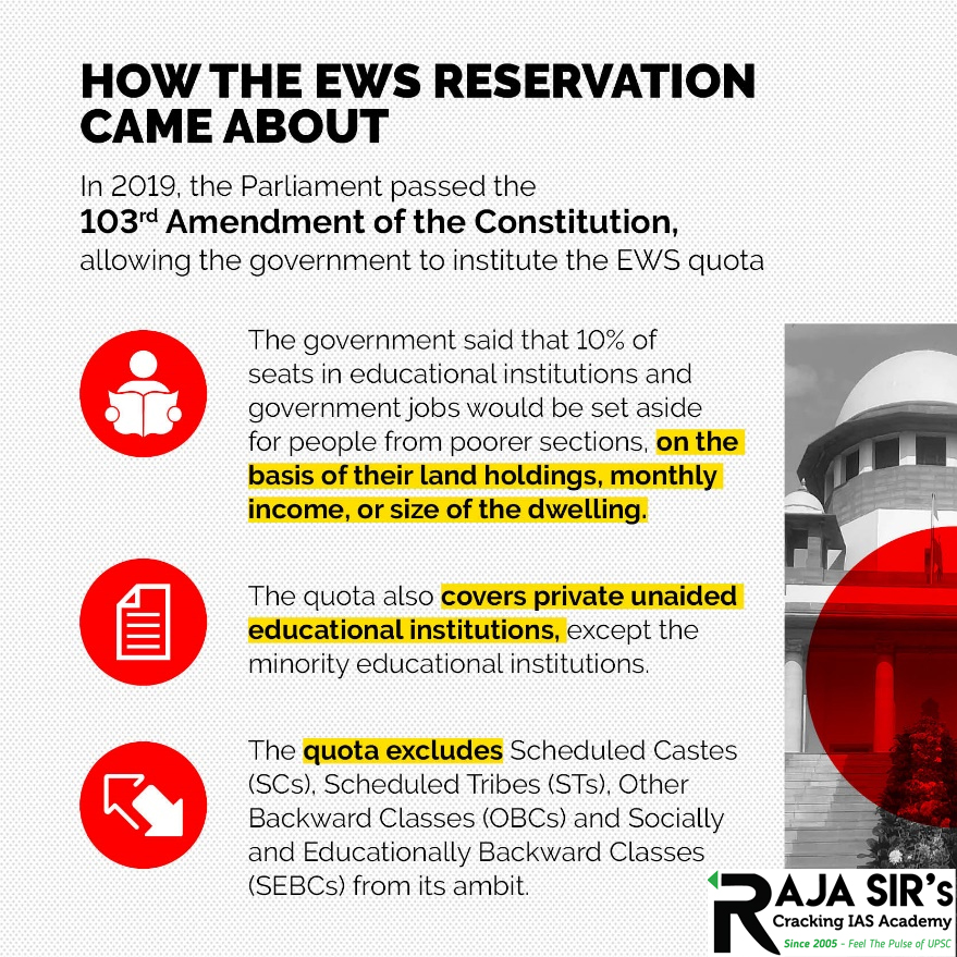 Due to such inequalities,&nbsp;103rd&nbsp;Constitutional Amendment Act&nbsp;had introduced&nbsp;10% reservation&nbsp;for the&nbsp;economically weaker sections&nbsp;(EWS) in education and employment among those groups that&nbsp;do not come under any community-based reservation.