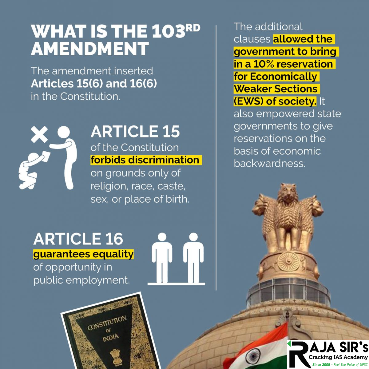 Due to such inequalities,&nbsp;103rd&nbsp;Constitutional Amendment Act&nbsp;had introduced&nbsp;10% reservation&nbsp;for the&nbsp;economically weaker sections&nbsp;(EWS) in education and employment among those groups that&nbsp;do not come under any community-based reservation.