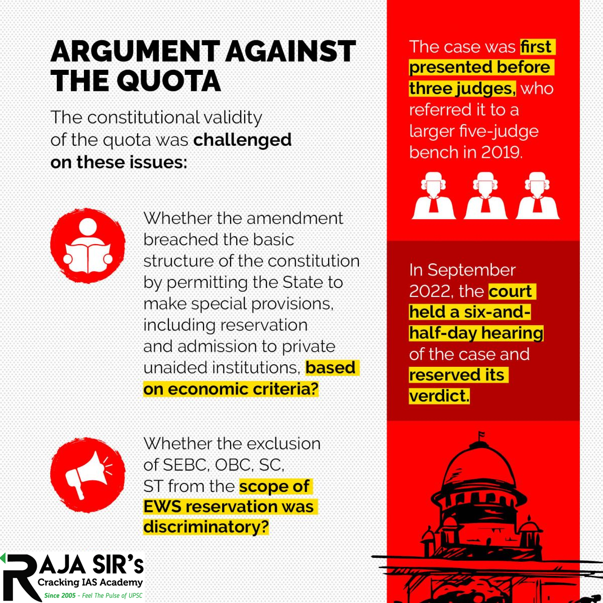 Due to such inequalities,&nbsp;103rd&nbsp;Constitutional Amendment Act&nbsp;had introduced&nbsp;10% reservation&nbsp;for the&nbsp;economically weaker sections&nbsp;(EWS) in education and employment among those groups that&nbsp;do not come under any community-based reservation.