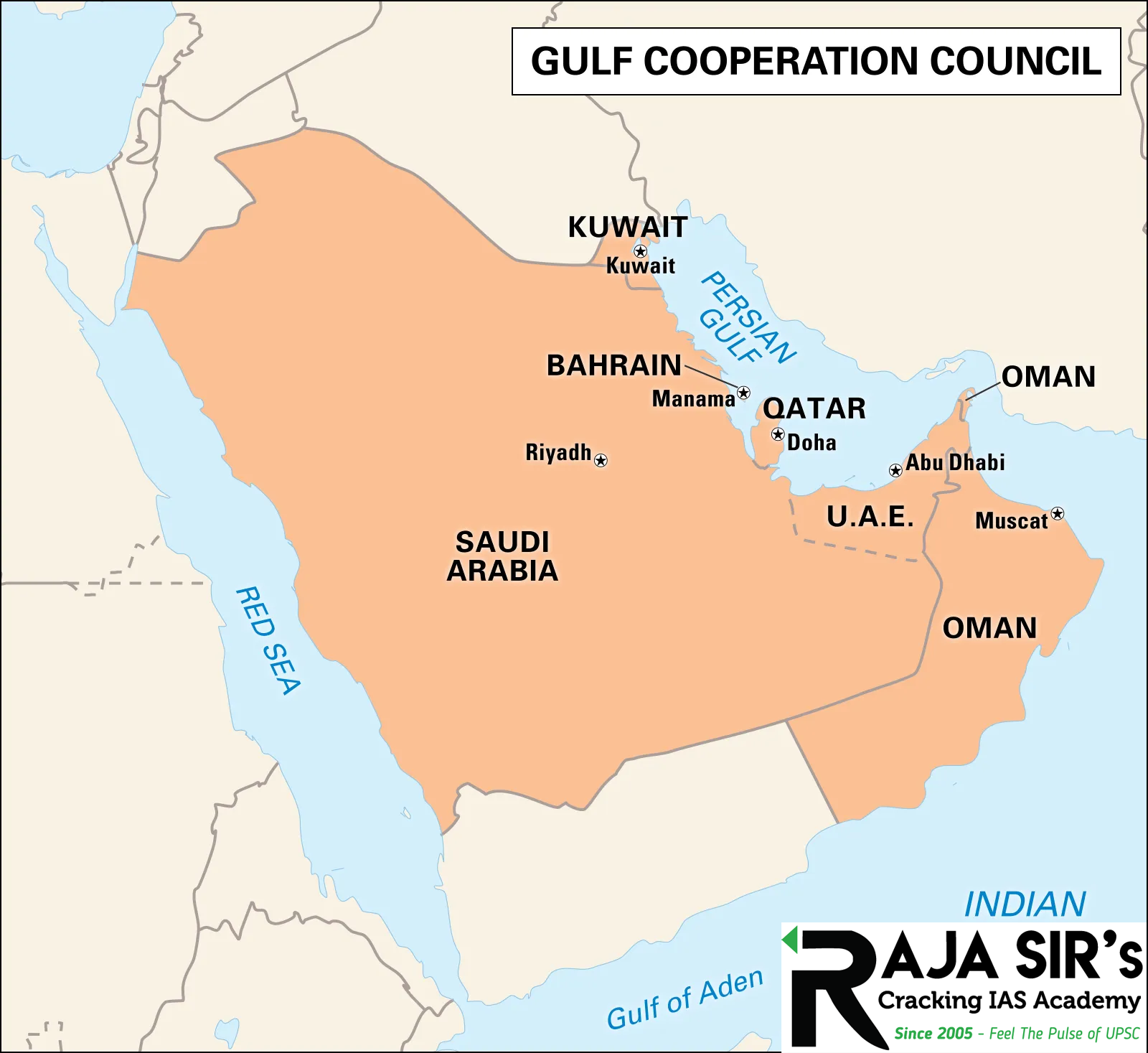 The&nbsp;Cooperation Council for the Arab States of the Gulf, known as the&nbsp;Gulf Cooperation Council&nbsp;(GCC), is a&nbsp;regional and&nbsp;economic union established in&nbsp;1981. Members:&nbsp;Bahrain,&nbsp;Kuwait,&nbsp;Oman,&nbsp;Qatar,&nbsp;Saudi Arabia, and the&nbsp;United Arab Emirates Headquarters:&nbsp;Riyadh, Saudi Arabia. Aim:&nbsp;To achieve unity among its members based on their common objectives and their similar political and cultural identities, which are rooted in Arab and Islamic cultures. Out of&nbsp;32 million non-resident Indians&nbsp;(NRIs), nearly half are estimated to be working in GCC countries. According to World Bank, India got&nbsp;$87 billion in foreign remittances&nbsp;in 2021. A noticeable portion came from the GCC nations.