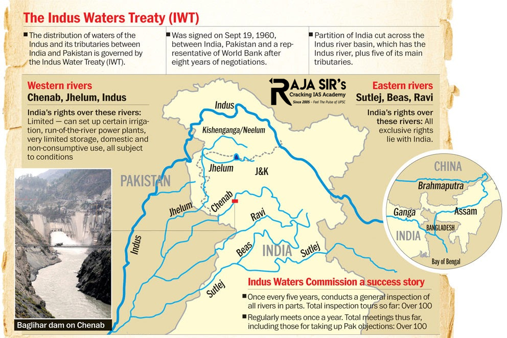 Indus Waters Treaty  India and Pakistan signed the IWT in September, 1960 after nine years of negotiations,with the&nbsp;World Bank&nbsp;being a signatory&nbsp;to the pact. The treaty sets outa mechanism for cooperation and information exchange between the two sides&nbsp;on the use of the water of the Indus River and its five tributaries&nbsp;Sutlej, Beas, Ravi, Jhelum, and Chenab.