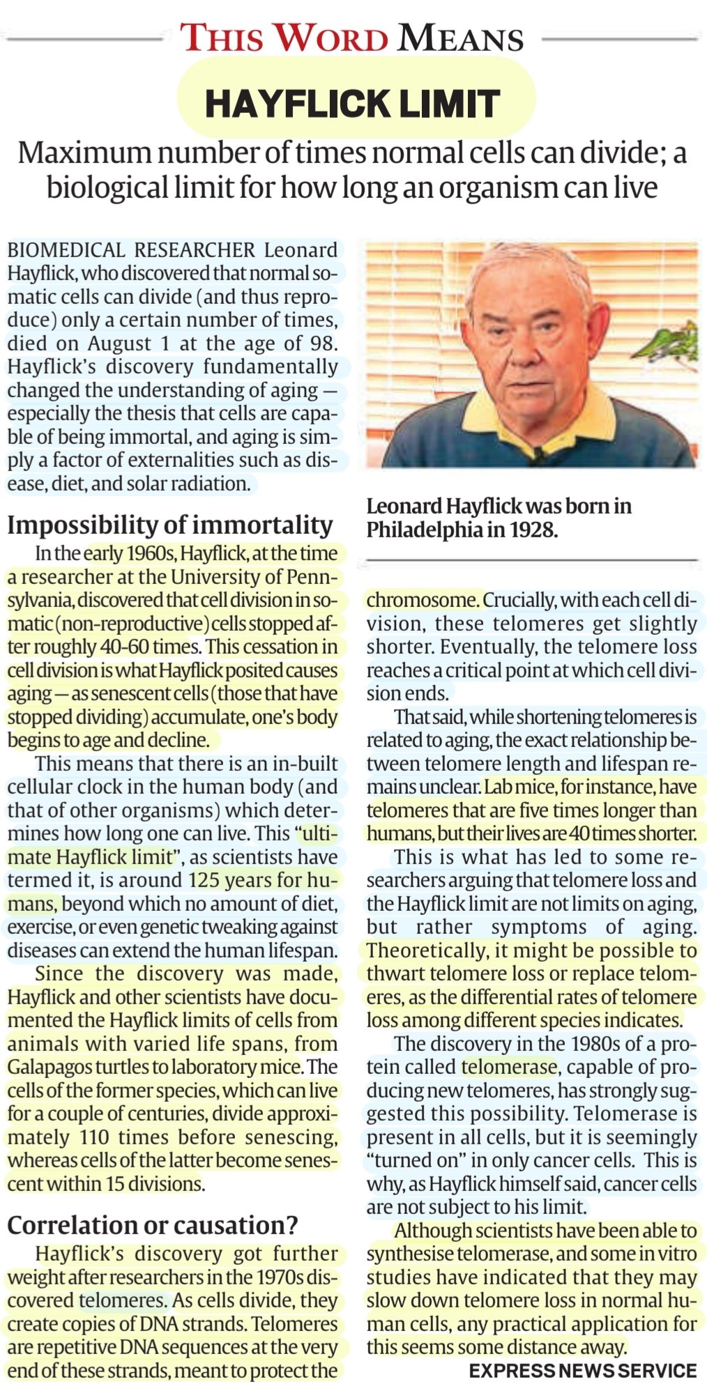 Leonard Hayflick,&nbsp;a prominent biomedical researcher has brought renewed attention to his groundbreaking&nbsp;discovery, known as the Hayflick limit.&nbsp;
